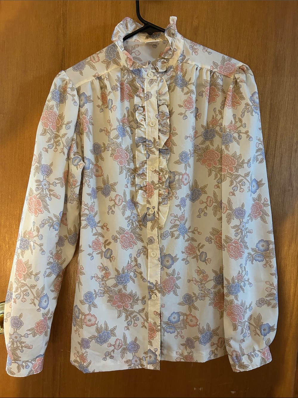 Jantzen Cream Ruffle-Front Floral Blouse with Pink & Blue Flowers